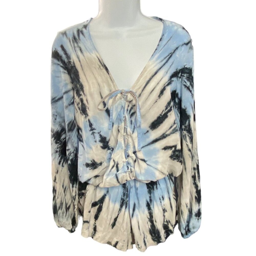 SURF GYPSY Women Long Sleeve Tie Dye V Neck Romper Sz M Blue Boho Beach 82-11